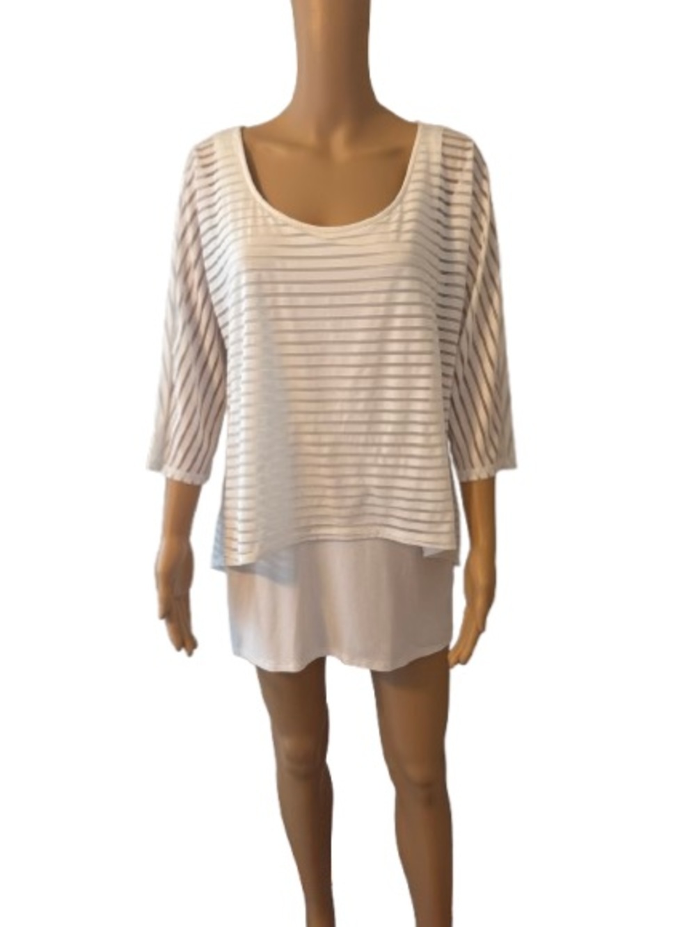 WHBM Layered White Striped Scoop Neck 3/4 Sleeves Sheer Top Size Large